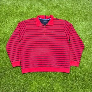 IZOD Performance Polo Quarter Zip Shirt Size Large Striped Red Navy Blue